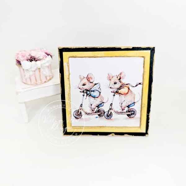 Nursery Mice No.1:2 Dollhouse Miniature Handmade Wooden Framed Art image 0