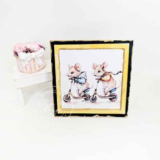 Nursery Mice No.1:2 Dollhouse Miniature Handmade Wooden Framed Art image 0