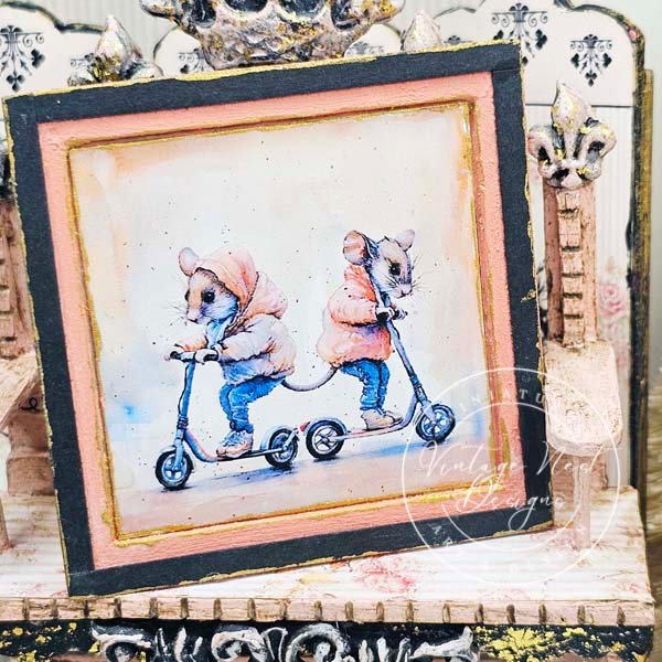 Nursery Mice No.1:1 Dollhouse Miniature Handmade Wooden Framed Art image 1