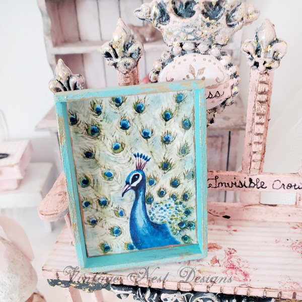 Peacock No.2:2 Dollhouse Miniature Handmade Wooden Framed Art image 0