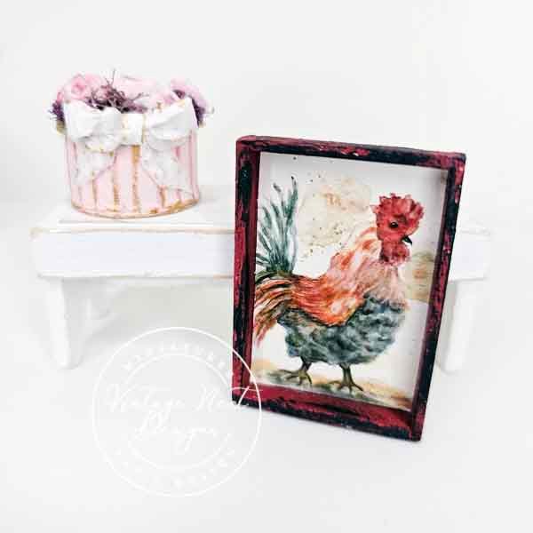 Rooster No.4:2 Dollhouse Miniature Handmade Wooden Framed Art image 6
