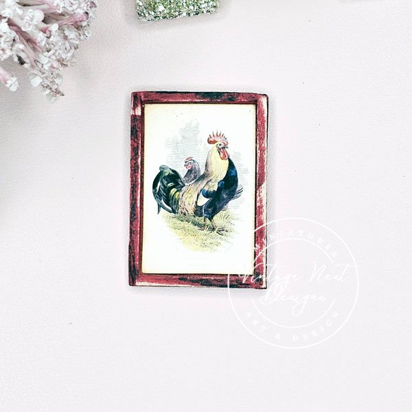 Rooster No.2:1 Dollhouse Miniature Handmade Wooden Framed Art image 2