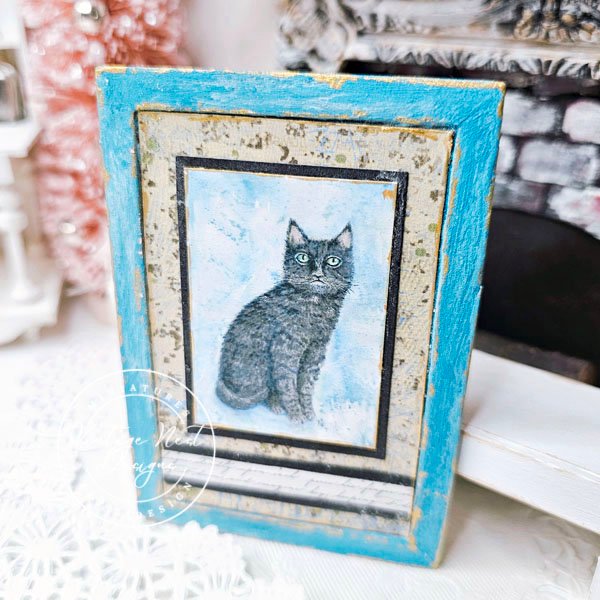 Black Cat No.6:4 Dollhouse Miniature Handmade Wooden Framed Art image 1