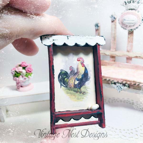 Wooden Rooster Shelf No.2:1 Fresh Eggs Dollhouse Miniature Handmade Wooden Framed Art image 2
