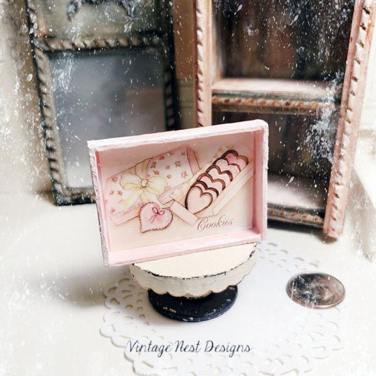 Box of Pink Cookies No.1:1 Dollhouse Miniature Handmade Framed Wooden Art image 0