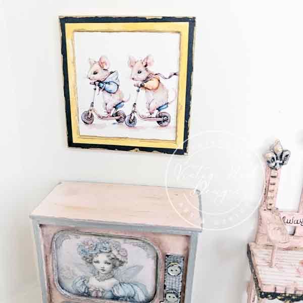 Nursery Mice No.1:2 Dollhouse Miniature Handmade Wooden Framed Art image 2