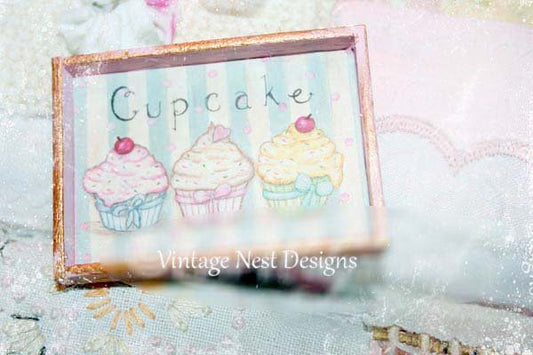 Three Cupcakes No.4:3 Dollhouse Miniature Handmade Wooden Framed Art image 0