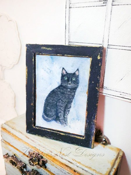 Black Cat No.1:1 Dollhouse Miniature Handmade Wooden Framed Art image 0