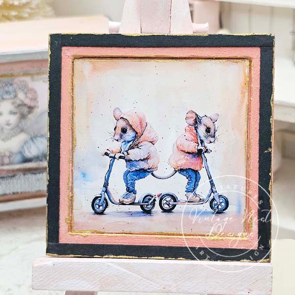 Nursery Mice No.1:1 Dollhouse Miniature Handmade Wooden Framed Art image 0