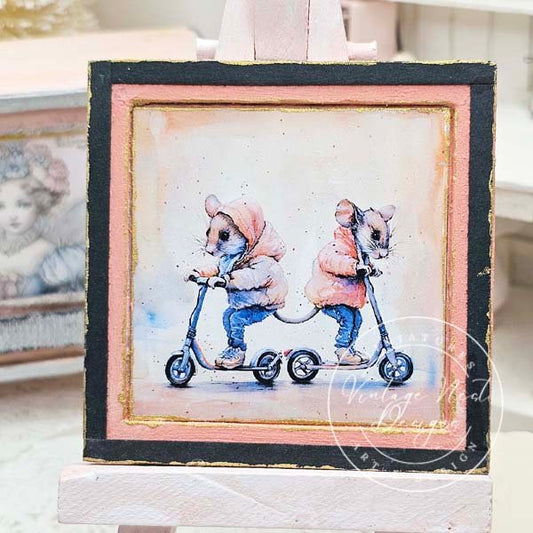 Nursery Mice No.1:1 Dollhouse Miniature Handmade Wooden Framed Art image 0