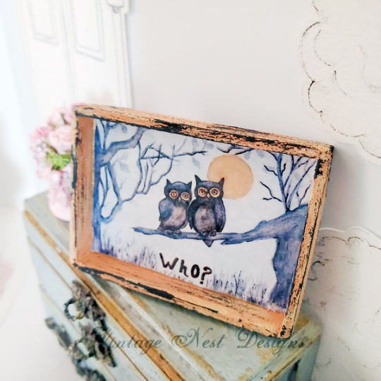 Owls, One Who No.1:1 Dollhouse Miniature Handmade Wooden Framed Art image 5
