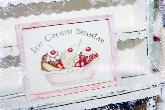Banana Split Sundae No.1:1 Dollhouse Miniature Handmade Wooden Framed Art image 0
