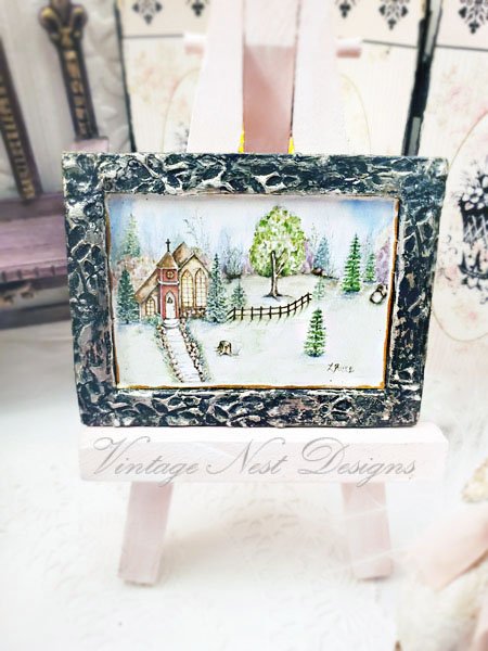 Church in the Woods No.2:3 Dollhouse Miniature Handmade Wooden Framed Art image 2