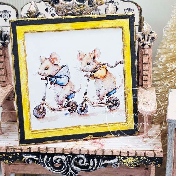 Nursery Mice No.1:2 Dollhouse Miniature Handmade Wooden Framed Art image 1
