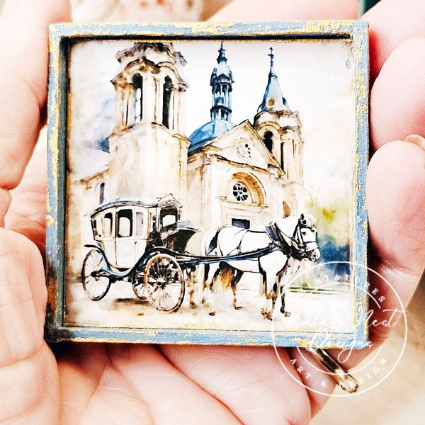 Horse and Carriage No.1:1 Dollhouse Miniature Handmade Wooden Framed Art image 3