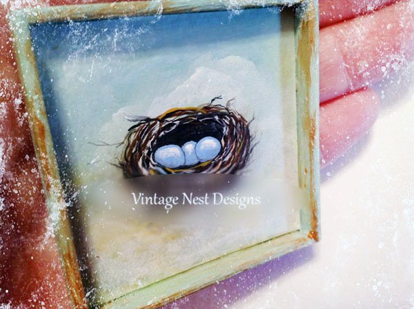 Bird Nest No.9:1 Dollhouse Miniature Handmade Wooden Framed Art image 1