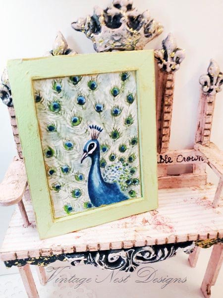 Peacock No.2:1 Dollhouse Miniature Handmade Wooden Framed Art image 0