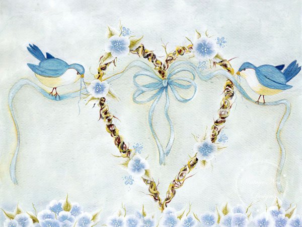 Blue Birds Periwinkles Digital Prints Acrylic Painting image 0