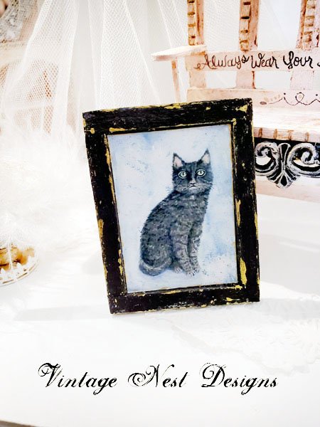 Black Cat No.1:1 Dollhouse Miniature Handmade Wooden Framed Art image 3