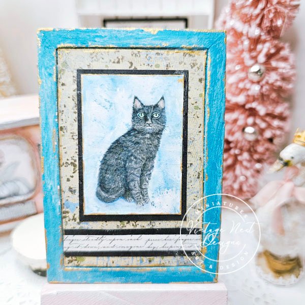 Black Cat No.6:4 Dollhouse Miniature Handmade Wooden Framed Art image 0