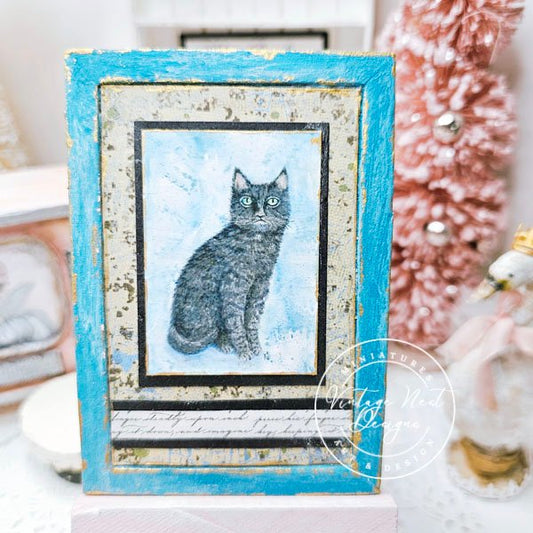 Black Cat No.6:4 Dollhouse Miniature Handmade Wooden Framed Art image 0