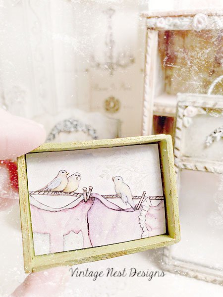 Laundry Birds No.1:1 Dollhouse Miniature Handmade Wooden Framed Art image 2