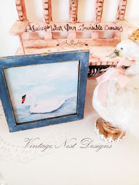 Swan No.1:2 Dollhouse Miniature Handmade Wooden Framed Art image 2
