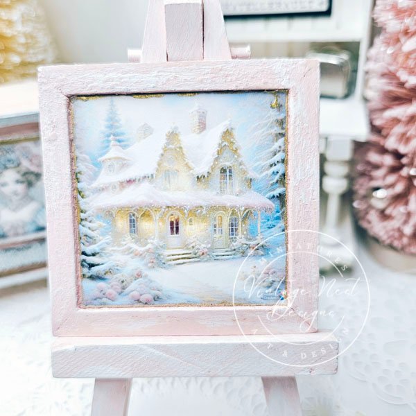 Christmas Cottage No.1:1 Dollhouse Miniature Handmade Wooden Framed Art image 2