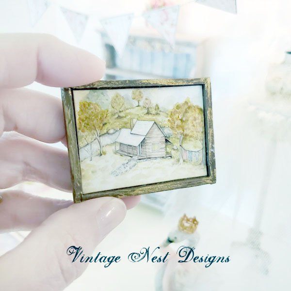Cabin in the Woods No.1:1 Dollhouse Miniature Handmade Wooden Framed Art image 1