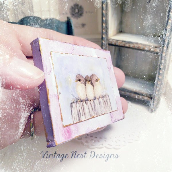 Three Tweets No.1:2 Dollhouse Miniature Handmade Wooden Framed Art image 1
