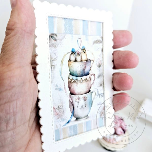 Cup of Birds No.1:1 Dollhouse Miniature Handmade Framed Art image 1