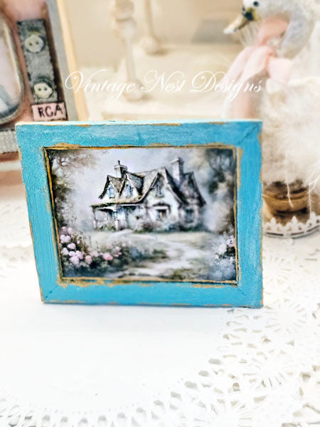 Miniature Cottage Farmhouse No.24 Handmade for Dollhouse Wooden Framed Art