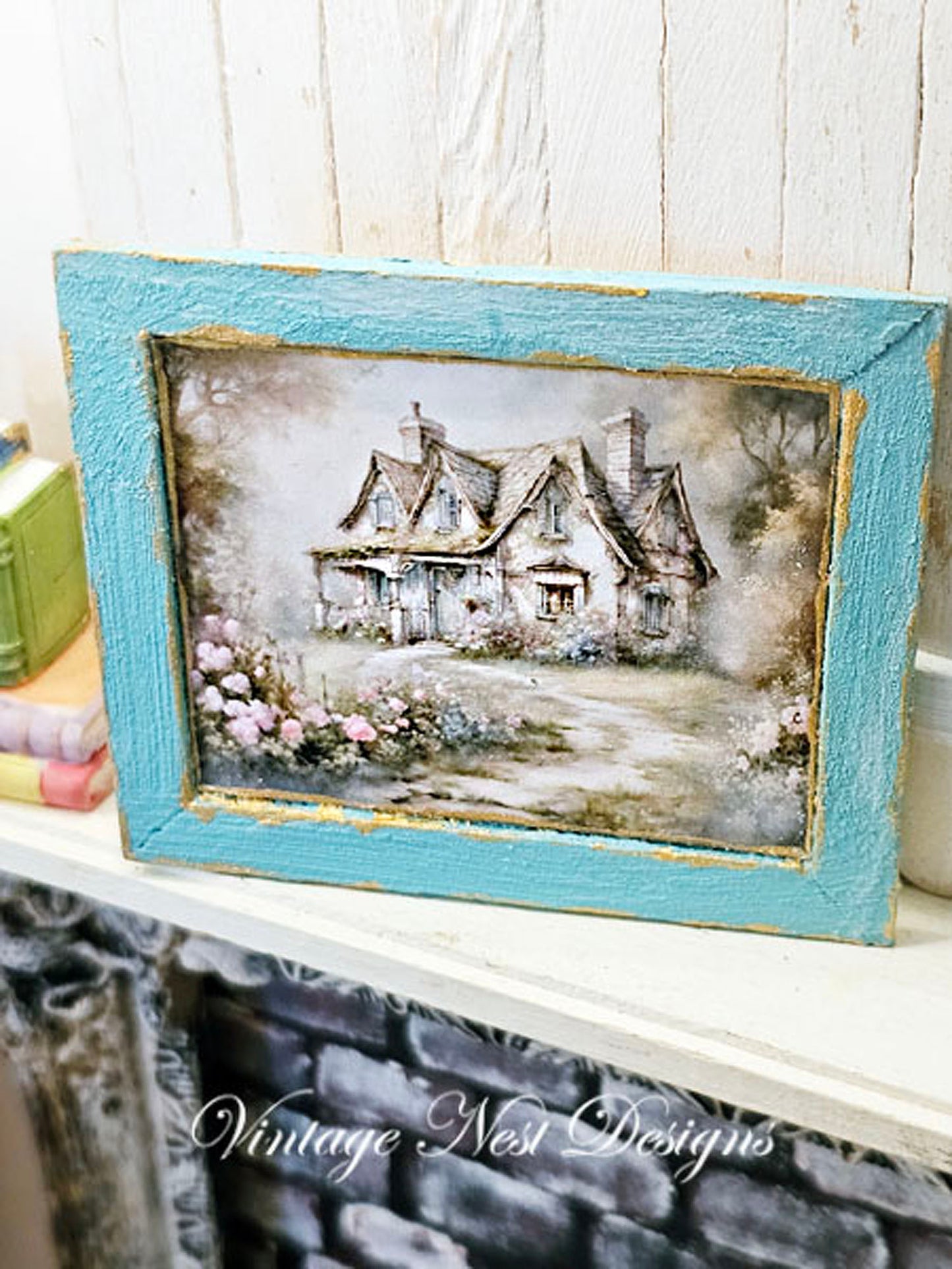 Miniature Cottage Farmhouse No.24 Handmade for Dollhouse Wooden Framed Art