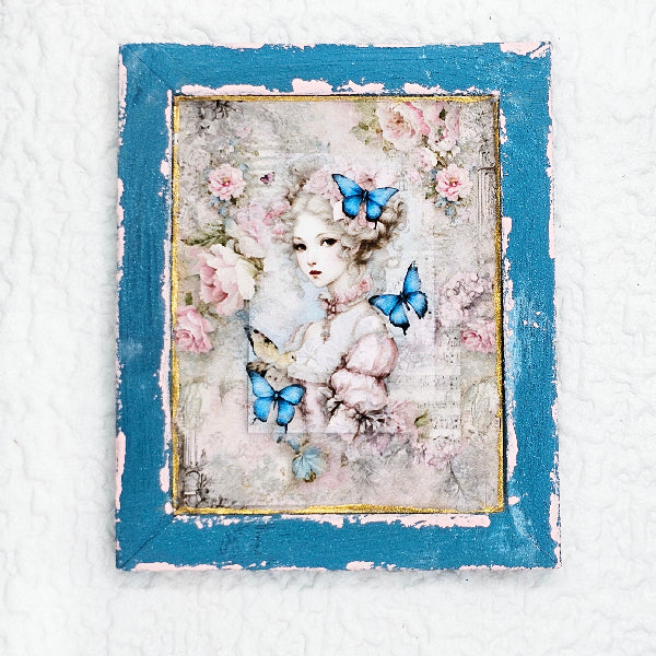 Framed artwork with a girl and butterflies on a textured white background