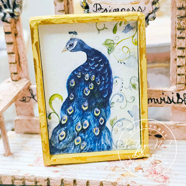 Peacock No.1:1 Dollhouse Miniature Handmade Wooden Framed Art
